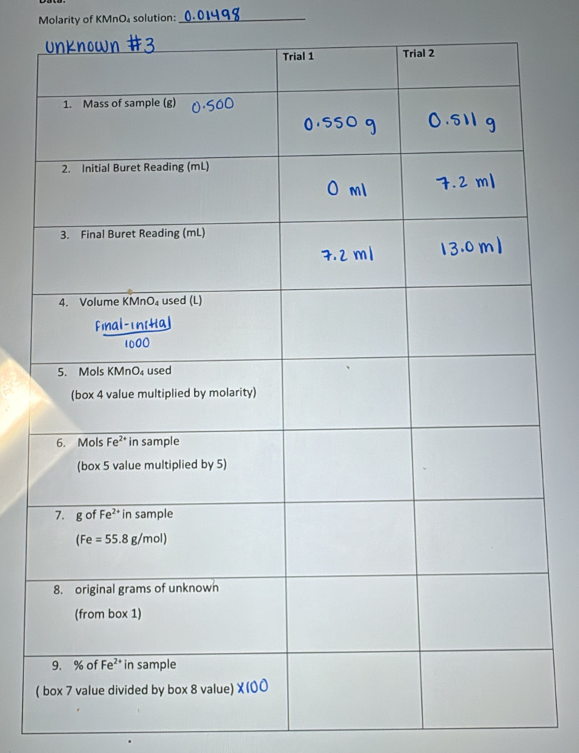 Molarity of KMnO₄ solution:_
(