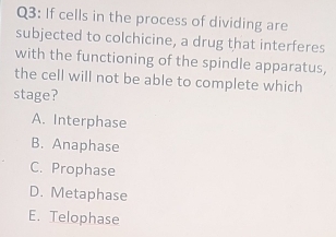 If cells in the process of dividing are
subjected to colchicine, a drug that interferes
with the functioning of the spindle apparatus,
the cell will not be able to complete which
stage?
A. Interphase
B. Anaphase
C. Prophase
D. Metaphase
E. Telophase