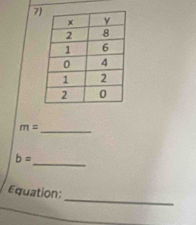 7 
_ m=
_
b=
_ 
Equation: