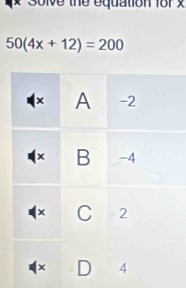 Solve the equation for x
50(4x+12)=200