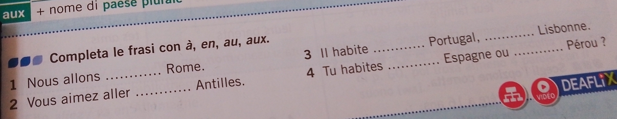 aux + nome di paesé plura 
Completa le frasi con à, en, au, aux. 
Portugal, _Lisbonne. 
1 Nous allons _Rome. 3 II habite ___Pérou ? 
2 Vous aimez aller _Antilles. 4 Tu habites Espagne ou 
DEAFLIX