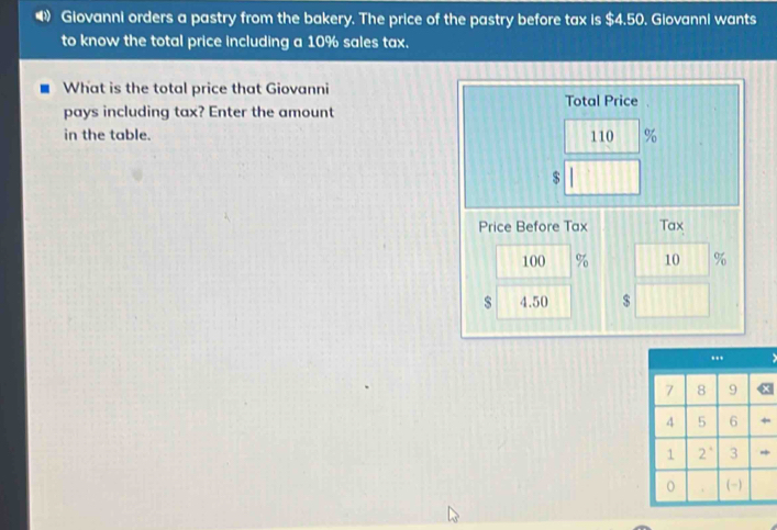 ◀ Giovanni orders a pastry from the bakery. The price of the pastry before tax is $4.50. Giovanni wants 
to know the total price including a 10% sales tax. 
What is the total price that Giovanni 
Total Price 
pays including tax? Enter the amount 
in the table. 110 %
$
Price Before Tax Tax
100 % 10 %
$ 4.50 $