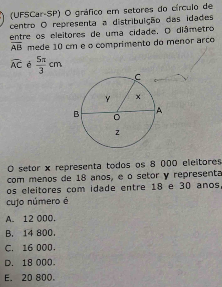 (UFSCar-SP) O gráfico em setores do círculo de
centro O representa a distribuição das idades
entre os eleitores de uma cidade. O diâmetro
overline AB mede 10 cm e o comprimento do menor arco
widehat AC é  5π /3 cm. 
O setor × representa todos os 8 000 eleitores
com menos de 18 anos, e o setor y representa
os eleitores com idade entre 18 e 30 anos,
cujo número é
A. 12 000.
B. 14 800.
C. 16 000.
D. 18 000.
E. 20 800.