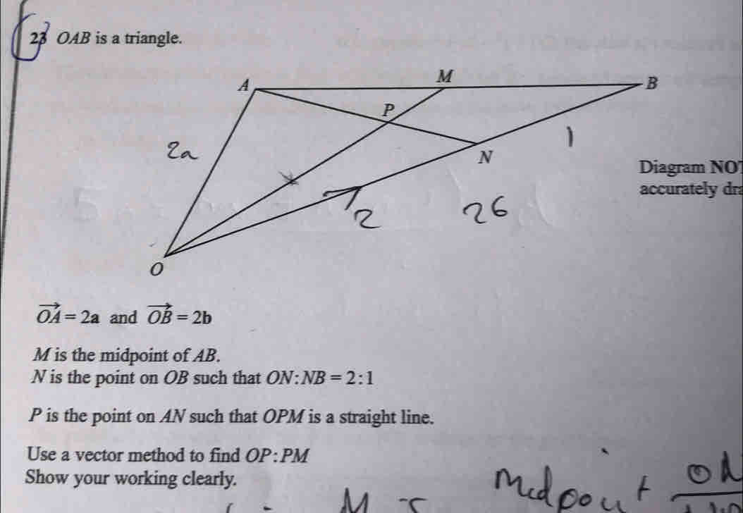 Solved: 23 OAB is a triangle. Diagram NO' accurately dr: vector OA=2a ...
