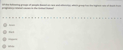 Of the following groups of people (based on race and ethnicity), which group has the highest rate of death from
pregnancy-related causes in the United States?
Asian
Black
Hispanic
White