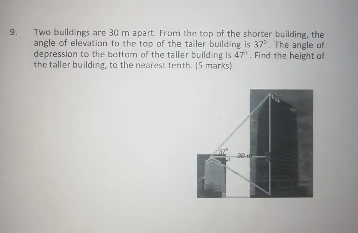 Solved: Two buildings are 30 m apart. From the top of the shorter ...