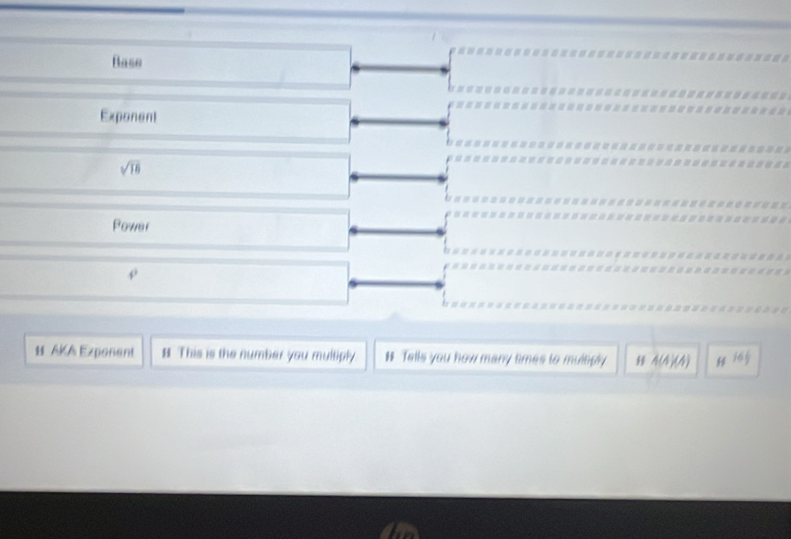 Base
Exponent
sqrt(18)
Power
# AKA Exponent # This is the number you multiply. # Tells you how many times to multiply A(A)(A H 6