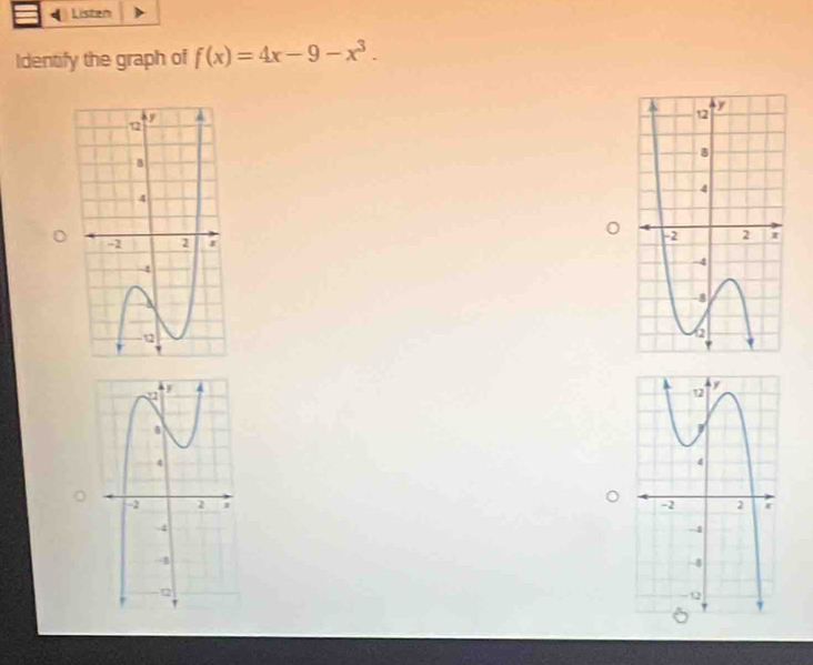 Listen 
Identify the graph of f(x)=4x-9-x^3.