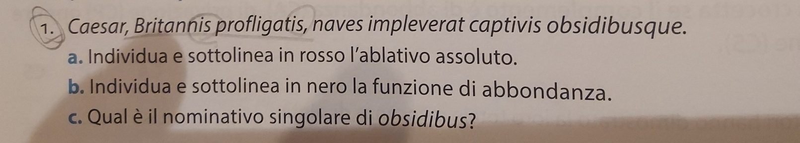 Caesar, Britannis profligatis, naves impleverat captivis obsidibusque. 
a. Individua e sottolinea in rosso l’ablativo assoluto. 
b. Individua e sottolinea in nero la funzione di abbondanza. 
c. Qualèil nominativo singolare di obsidibus?