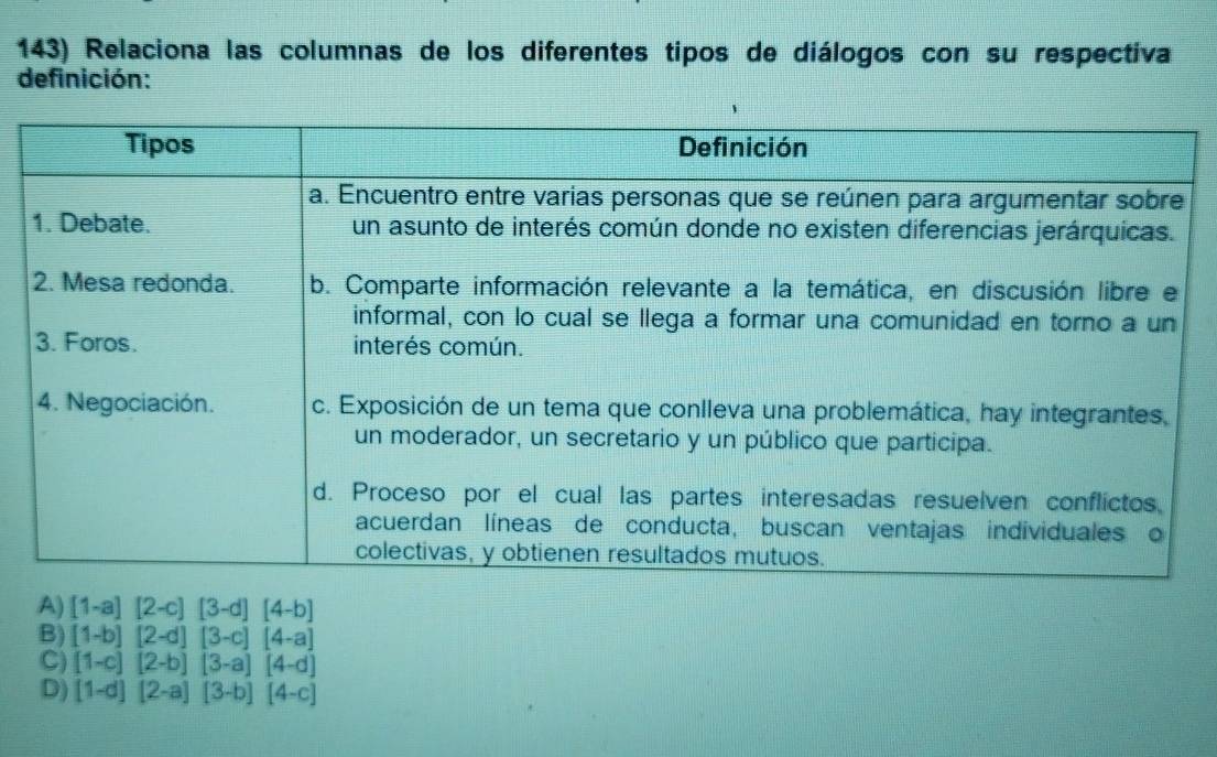 Relaciona las columnas de los diferentes tipos de diálogos con su respectiva
definición:
A) [1-a][2-c][3-d][4-b]
B) [1-b][2-d][3-c][4-a]
C) [1-c][2-b][3-a][4-d]
D) [1-d][2-a][3-b][4-c]