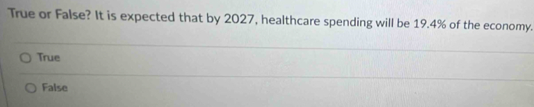 True or False? It is expected that by 2027, healthcare spending will be 19.4% of the economy.
True
False