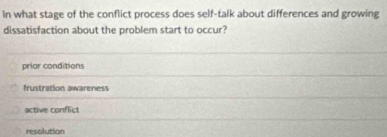 Solved: In what stage of the conflict process does self-talk about ...