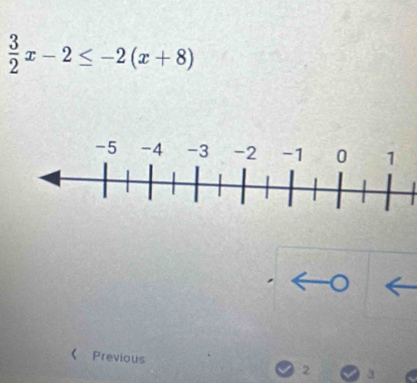  3/2 x-2≤ -2(x+8)
-4
《 Previous
2 3