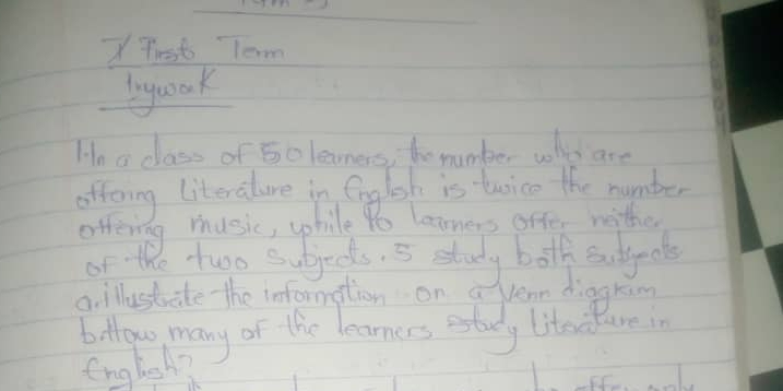 Trst Term 
bywook 
Hn a class of 50 leaners, he number who are 
offering literature in English is twice the number 
offering music, phile Po learners orfe nether 
of the tuo sugjects. 5 study both sudgects 
a.illustrate the information on a Vern diagkan 
bollow many of the learners estudy litenature in 
Englsh?