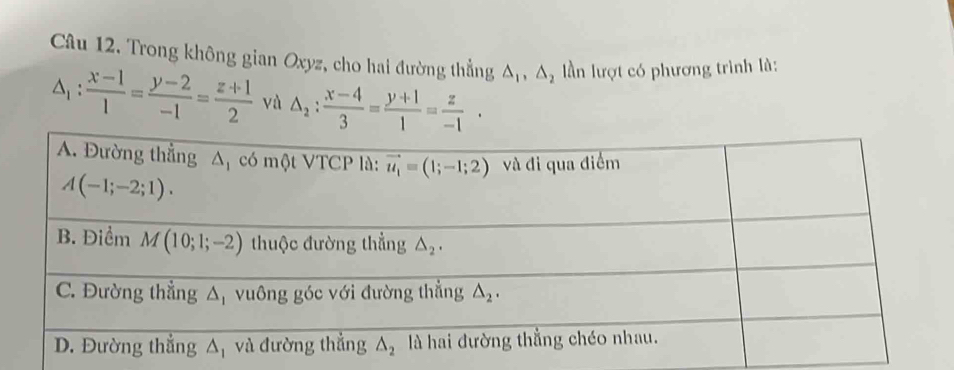 Trong không gian Oxyz, cho hai đường thẳng △ _1,△ _2 ần lượt có phương trình là:
△ _1: (x-1)/1 = (y-2)/-1 = (z+1)/2  và △ _2: (x-4)/3 = (y+1)/1 = z/-1 ·