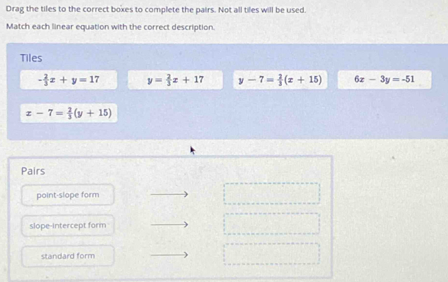 Drag the tiles to the correct boxes to complete the pairs. Not all tiles will be used.
Match each linear equation with the correct description.
Tiles
- 2/3 x+y=17 y= 2/3 x+17 y-7= 2/3 (x+15) 6x-3y=-51
x-7= 2/3 (y+15)
Pairs
point-slope form
slope-Intercept form
standard form