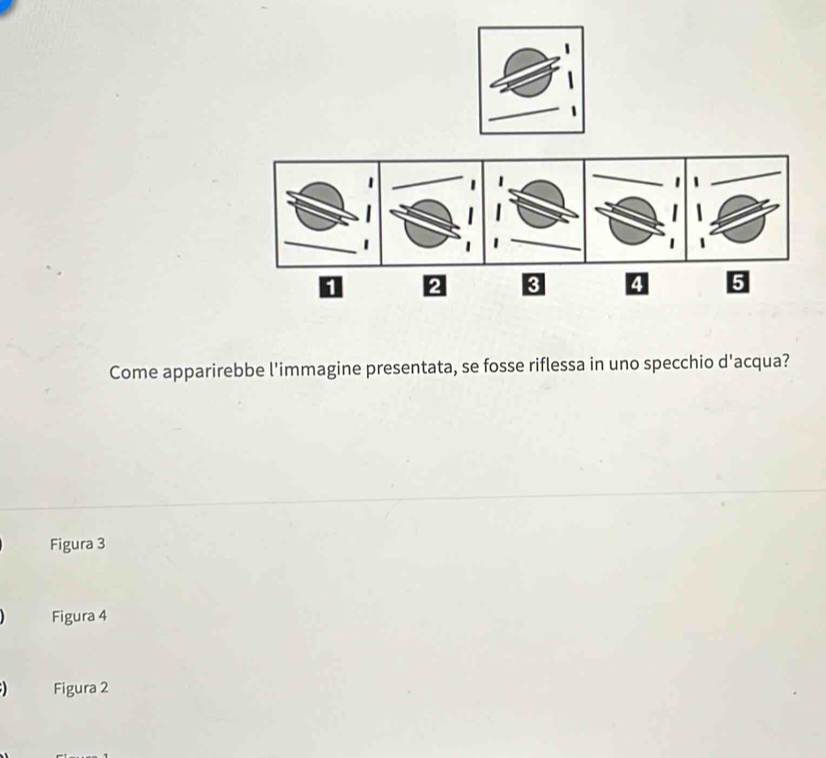 1 2 3 4 5
Come apparirebbe l'immagine presentata, se fosse riflessa in uno specchio d'acqua?
Figura 3
Figura 4
Figura 2