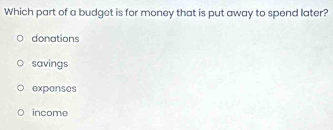 Which part of a budget is for money that is put away to spend later?
donations
savings
expenses
income