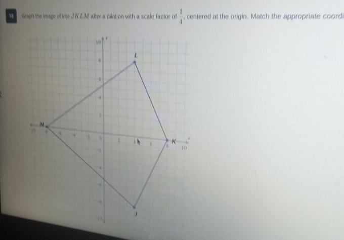 Graph the image of kite JK LM after a dilation with a scale factor of  1/4  , centered at the origin. Match the appropriate coord