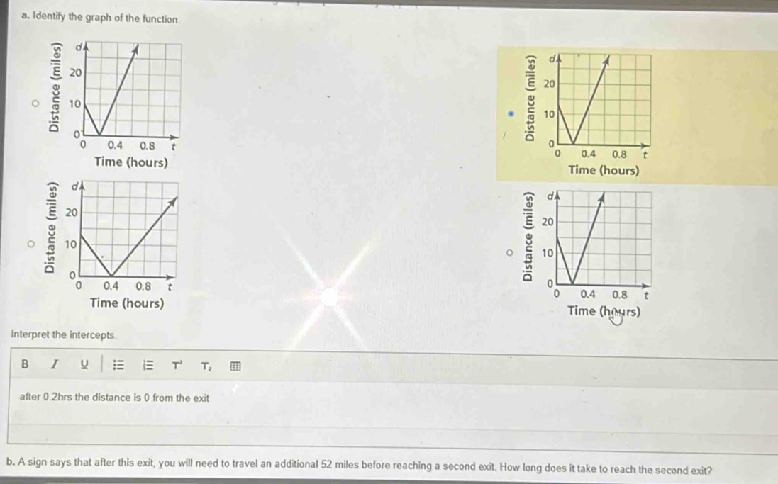 Identify the graph of the function. 

o 
。 
Time (hours) 
Interpret the intercepts. 
B I u = T^ T. 
after 0.2hrs the distance is 0 from the exit 
b. A sign says that after this exit, you will need to travel an additional 52 miles before reaching a second exit. How long does it take to reach the second exit?