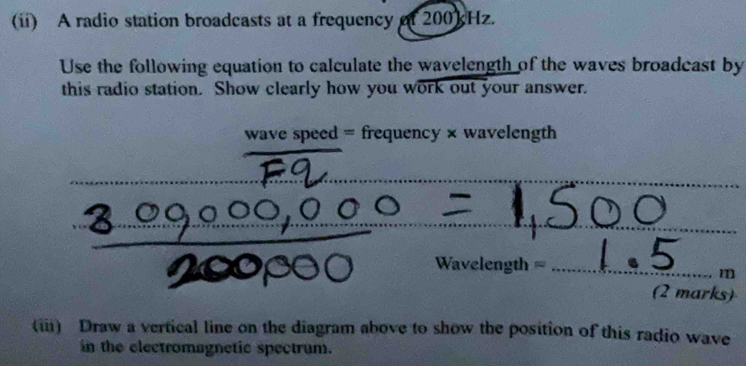 (ii) A radio station broadcasts at a frequency of 200 Hz. 
Use the following equation to calculate the wavelength of the waves broadcast by 
this radio station. Show clearly how you work out your answer. 
wave speed = frequency × wavelength 
_ 
_ 
_ 
Wavelength =_
m
(2 marks) 
(iii) Draw a vertical line on the diagram above to show the position of this radio wave 
in the electromagnetic spectrum.