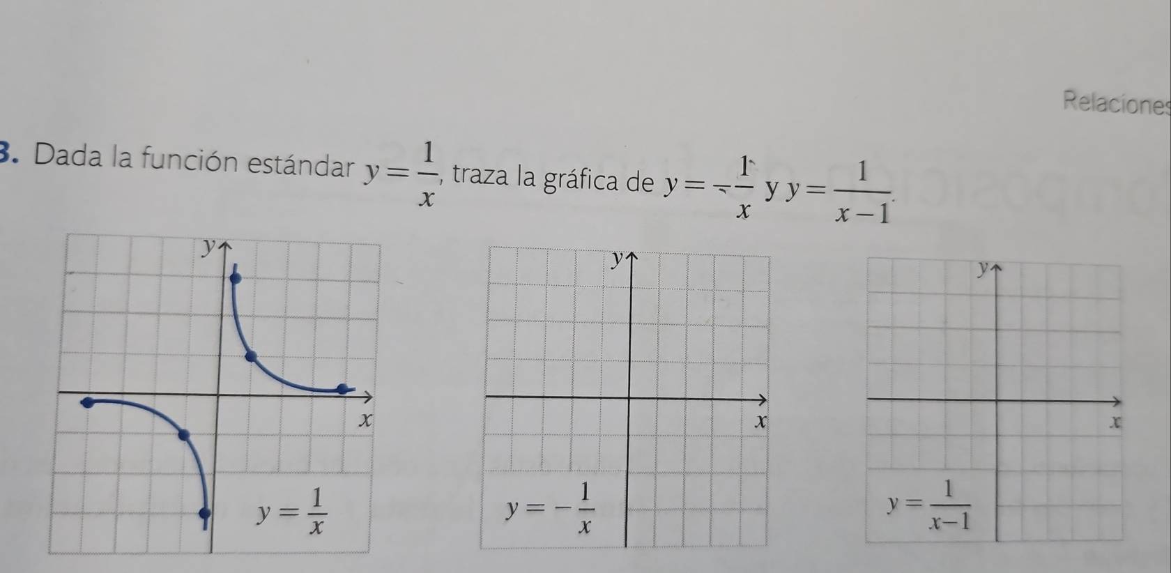 Relaciones
3. Dada la función estándar y= 1/x  -, traza la gráfica de y=- 1/x  y y= 1/x-1 .