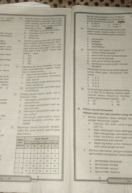 Bende yang bergerak furs seraturan 7
perubahan jadi kalung. 19.  Sebush keping timetel terbuat den ur en Kep t     tn bsat  C   
m a e e da   cas   a  a  
mu Danlang suminum lahih bene a G ta P
b C dan R
G panaskan skan  Gedkn derpada Naja, maka kaška Samerai 4. Sdan T           
8  meengkung ks ansh sluminium
24. Perubahan ana whadeo soeisl awl
ete    melene ure ke arsh baj 
darian suarío seranly wainto sertento
tanga memparatican arahnys dsetut
anühatikan tral d eng an d fetap lurus 28°C Gersa is .
B. keayan
merah hied 20. Sepotong baja bersutu kan ke dalam 100 g air betaut u 38°C. d. serpcdaren C  Kaerptoe
Suhu campuran maryed 35°C
maki masse          Kalor Janis sir 4.200 Jkg'C dan kalor 25. Peratkan pemystaan di bawah in
Jenis baja X 450 Jkg'C. massa baja
1)   másss bands benutan
beda, tetapi a. 500 adaiah ... gram. 2)  bentük den ükuren bende berübeh
b. 420 3)  berat benda berubah
eda, fetapi C M 4) arah gerak bénde berüban
d. 380 5)   bands yang swainys diam menjed .
21. Sepolong es yang dietakkan di atas
meja lama-kelamaan malelan. Peris
Peryataan di atas yang sesual sebuan
a sama, fiwa ini terjadi karena      nomar benda dibeń gaya, ditunjukkan cieh
a. meja ménerima kalor dárí es
rak akan b. udara di sekitarys menyerap
arí suatu a. 1. 2, 3 5. 2.3.4
kalor darí es
C. suhu es lebih tinggi daripada suhu
c. 3,4,5
sélupican Massa  udara sekitamy d. 2,4, 5
.   .  g  d     es menerima kalor dar lingkungan
26. Dua buah gaya segars masing-masing
di sekitarrya
22. Dinding fermos dilapisi perak. Hal ini
12 N dan 30 N bekerja seerá pada
sebuáh benda. Besarya resultan
bertujuan untuk
kedua gaya tersebut adalsh ... N.
enhelt a.  mencegah perpindahan kalor se 8. 23 C. 42 d. 56
a páda cara konduksi
b. mencegah perpindahan kalor se b. 35
cara konveksi
B. Pilihan Ganda Kompleks
mencegah perpindahan kalor se-
cara radias
Pilihlah lebih dari satu jawaban yang be
satu d. mencegah perpindahan kalor 1. Berikut kelebihan raksa sebagai zat
secara konduksi, konveksi, dan
h _._. pengisi termometer adalah
radias
a. memiliki titik didih yang ting (357°C)
23. Beberapa benda bergerak dengan
waktu dan jarak tempuh séperti pada b. tidak membasahi kaca sehingg
zat label berikut.
tidak menggäng u pemuaianny
c. tidak berwarna sehingga pe
rubahannya sult diamati
d, dapät digunakan untuk mengukı
suhu yang sangat rendah
2. Berikut termasuk pengelompoka
termometer berdasarkan skāla adal
a. termömeter inframerah
b. termometer bimetal c. termometer celcius
d. termometer reaumur
Vill-1/PN
lu