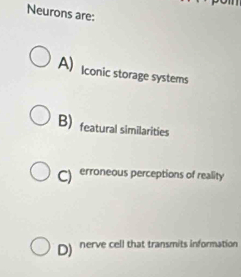 Neurons are:
A) Iconic storage systems
B) featural similarities
C) erroneous perceptions of reality
D) nerve cell that transmits information