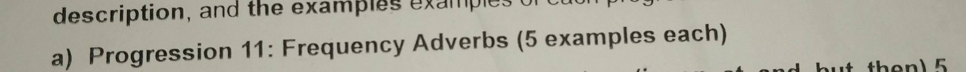 description, and the examples examples 
a) Progression 11: Frequency Adverbs (5 examples each)