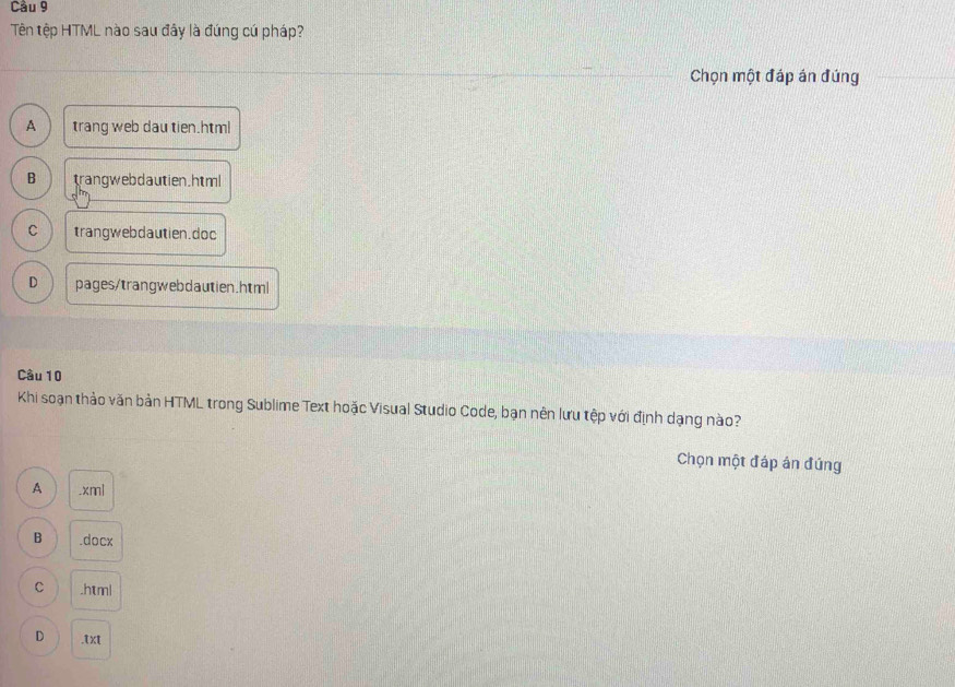 Cầu 9
Tên tệp HTML nào sau đây là đúng cú pháp?
Chọn một đáp án đúng
A trang web dau tien.html
B trangwebdautien.html
C trangwebdautien.doc
D pages/trangwebdautien.html
Câu 10
Khi soạn thảo văn bản HTML trong Sublime Text hoặc Visual Studio Code, bạn nên lưu tệp với định dạng nào?
Chọn một đáp án đúng
A .xm1
B .docx
C .html
D .txt