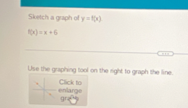 Sketch a graph of y=f(x)
f(x)=x+6
Use the graphing tool on the right to graph the line. 
Click to 
enlarge 
gra