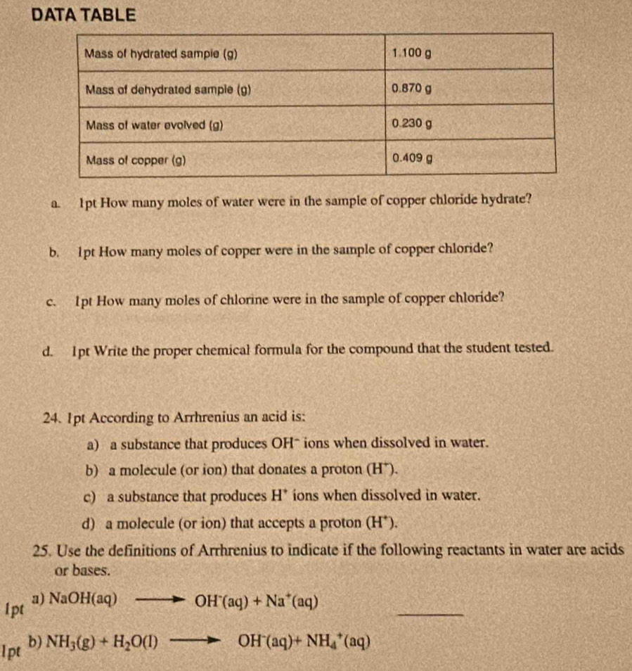 DATA TABLE
a. 1pt How many moles of water were in the sample of copper chloride hydrate?
b. 1pt How many moles of copper were in the sample of copper chloride?
c. 1pt How many moles of chlorine were in the sample of copper chloride?
d. 1pt Write the proper chemical formula for the compound that the student tested.
24. 1pt According to Arrhrenius an acid is:
a) a substance that produces OH~ ions when dissolved in water.
b) a molecule (or ion) that donates a proton (H*).
c) a substance that produces H ions when dissolved in water.
d) a molecule (or ion) that accepts a proton (H*).
25. Use the definitions of Arrhrenius to indicate if the following reactants in water are acids
or bases.
_
lpt a)
NaOH(aq)to OH^-(aq)+Na^+(aq)
1pt b)
NH_3(g)+H_2O(l)to OH^-(aq)+NH_4^+(aq)