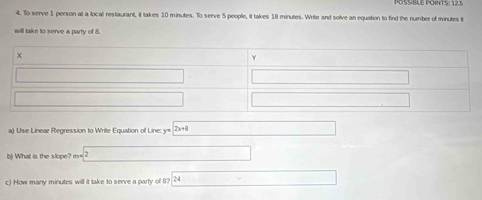 POSSIBLE POINTS: 12.5
4. To serve 1 person at a local restaurant, it takes 10 minutes. To serve 5 people, it takes 18 minutes. Write and solve an equation to find the number of minutes it
will take to serve a party of 8.
a) Use Linear Regression to Write Equation of Line: y=2x+8
b) What is the slope? m=2
c) How many minutes will it take to serve a party of 8? 24 □