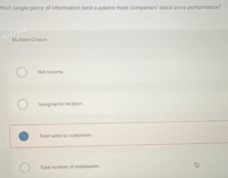 hich single piece of information best explains most companies' stock price performance?
Multiple Choice
Net income.
Geographic location.
Total sales to customers.
Total number of employees.