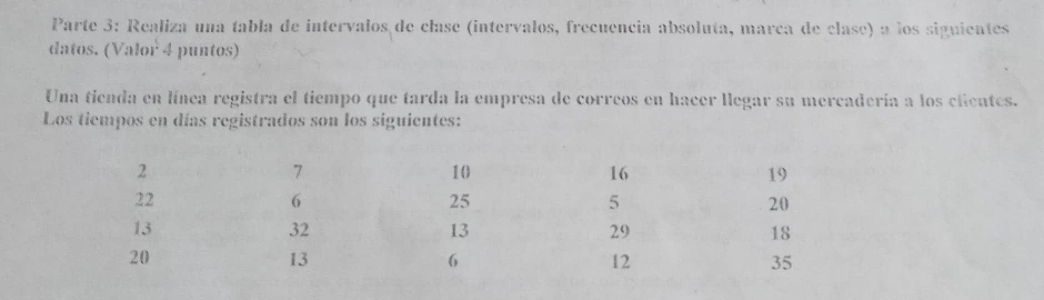 Parte 3: Realiza una tabla de intervalos de clase (intervalos, frecuencia absoluta, marca de clase) a los siguientes 
datos. (Valor 4 puntos) 
Una tienda en línea registra el tiempo que tarda la empresa de correos en hacer llegar su mercadería a los clicutes. 
Los tiempos en días registrados son los siguientes: