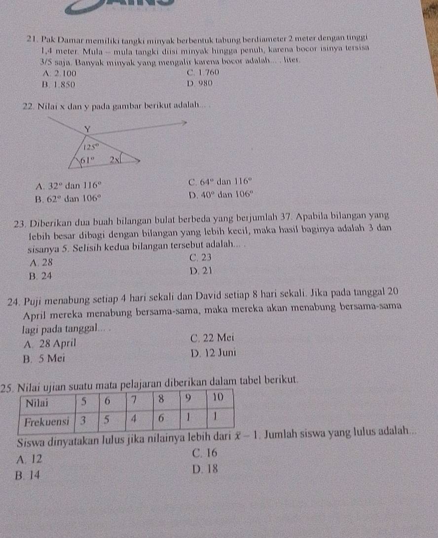 Pak Damar memiliki tangki minyak berbentuk tabung berdiameter 2 meter dengan tinggi
1,4 meter. Mula - mula tangki diisi minyak hingga penuh, karena bocor isinya tersisa
3/5 saja. Banyak minyak yang mengalir karena bocor adalah...  liter.
A: 2.100 C. 1.760
B. 1.850 D. 980
22. Nilai x dan y pada gambar berikut adalah... .
Y
125°
61° 28
C.
A. 32° dan 116° 64° dan 116°
B. 62° dan 106° D. 40° dan 106°
23. Diberikan dua buah bilangan bulat berbeda yang berjumlah 37. Apabila bilangan yang
lebih besar dibagi dengan bilangan yang lebih kecil, maka hasil baginya adalah 3 dan
sisanya 5. Selisih kedua bilangan tersebut adalah... .
A. 28 C. 23
B. 24 D. 21
24. Puji menabung setiap 4 hari sekali dan David setiap 8 hari sekali. Jika pada tanggal 20
April mereka menabung bersama-sama, maka mereka akan menabung bersama-sama
lagi pada tanggal... .
A. 28 April C. 22 Mei
B. 5 Mei D. 12 Juni
atu mata pelajaran diberikan dalam tabel berikut.
Siswa dinyatakan lulus jika nilainya lebih  Jumlah siswa yang lulus adalah...
A. 12 C. 16
B. 14
D. 18