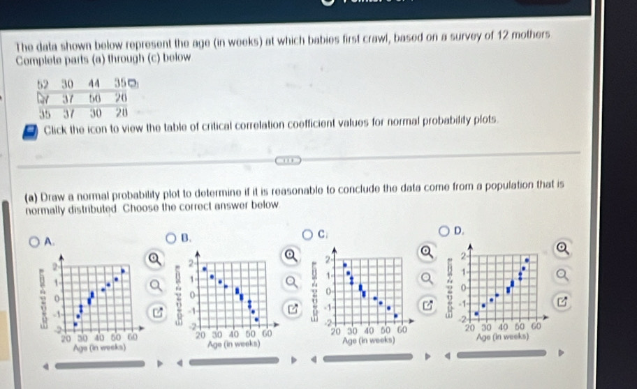 The data shown below represent the age (in weeks) at which babies first crawl, based on a survey of 12 mothers
Complete parts (a) through (c) below
Click the icon to view the table of critical correlation coefficient values for normal probability plots.
(a) Draw a normal probability plot to determine if it is reasonable to conclude the data come from a population that is
normally distributed. Choose the correct answer below
D.
A.
B.
C:
2
1
a
-1 - .
2 -2
20 30 40 60 60
Age (in weeks)

4
4
4
