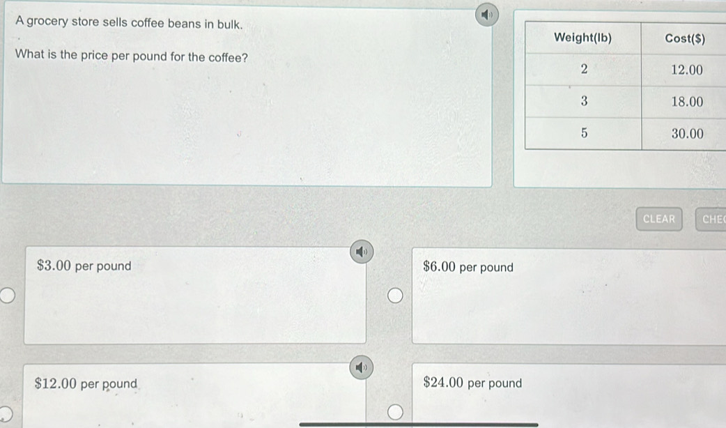 A grocery store sells coffee beans in bulk.
What is the price per pound for the coffee?
CLEAR CHE(
$3.00 per pound $6.00 per pound
$12.00 per pound $24.00 per pound