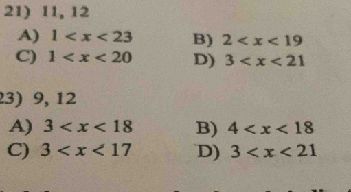 11, 12
A) 1 B) 2
C) 1 D) 3
3) 9, 12
A) 3 B) 4
C) 3 D) 3