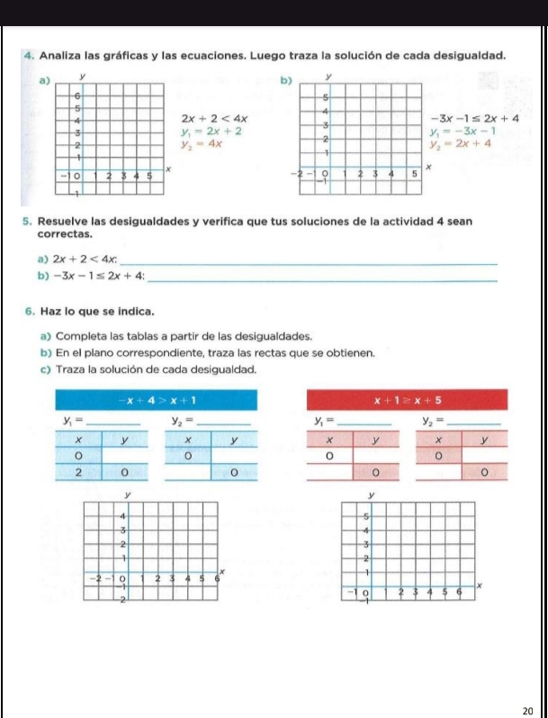 Analiza las gráficas y las ecuaciones. Luego traza la solución de cada desigualdad. 
a y
b)
5
4
2x+2<4x</tex>
-3x-1≤ 2x+4
3
y_1=2x+2
y_1=-3x-1
y_2=4x
2
y_2=2x+4
1
-2 - 1 2 3 4 5 x
5. Resuelve las desigualdades y verifica que tus soluciones de la actividad 4 sean 
correctas. 
a) 2x+2<4x; _ 
b) -3x-1≤ 2x+4 _ 
6. Haz lo que se indica. 
a) Completa las tablas a partir de las desigualdades. 
b) En el plano correspondiente, traza las rectas que se obtienen. 
c) Traza la solución de cada desigualdad
-x+4>x+1
x+1≥ x+5
y_1= _ y_2= _
y_1= _ y_2= _
x y x y
0
。
y
y
4
5
3
4
2
3
1
2
x
1
-2 1 2 3 4 5 6
2 - ×
-1 0 2 3 4 5 6
20