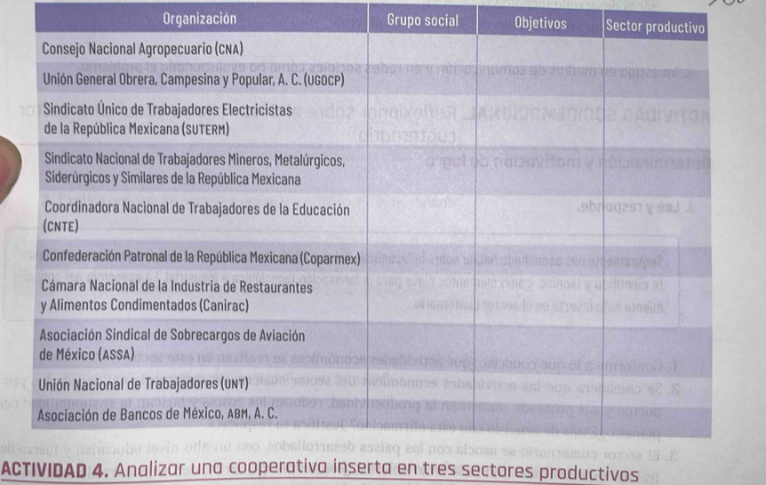 Organización Grupo social Objetivos 
ACTIVIDAD 4. Analizar una cooperativa inserta en tres sectores productivos