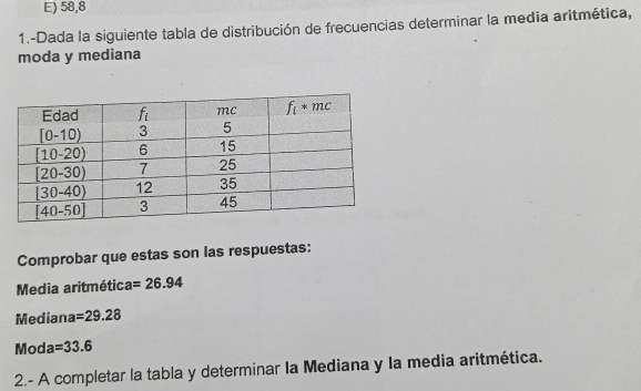 E) 58,8
1.-Dada la siguiente tabla de distribución de frecuencias determinar la media aritmética,
moda y mediana
Comprobar que estas son las respuestas:
Media aritmética =26.94
Mediana =29.28
Moda =33.6
2.- A completar la tabla y determinar la Mediana y la media aritmética.