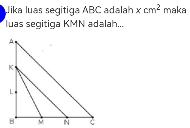 Jika luas segitiga ABC adalah xcm^2 maka 
luas segitiga KMN adalah...