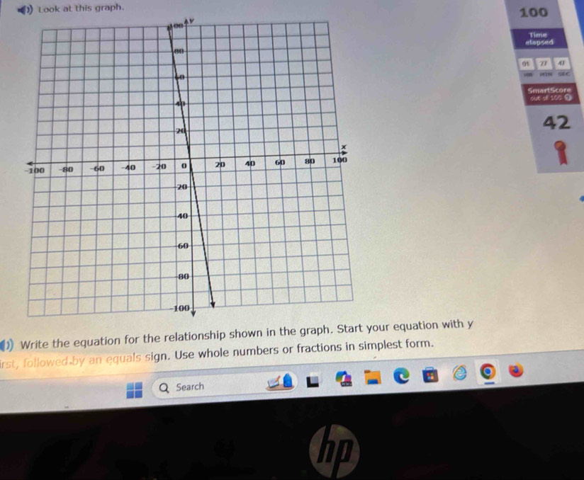 )) Look at this graph. 100
Time 
elapsed 
01 21 4 
stC 
SmartScore 
out of 100 D
42
) Write the equation for the relationship shown in the graph. Start your equation with y
irst, followed by an equals sign. Use whole numbers or fractions in simplest form. 
Search 
n