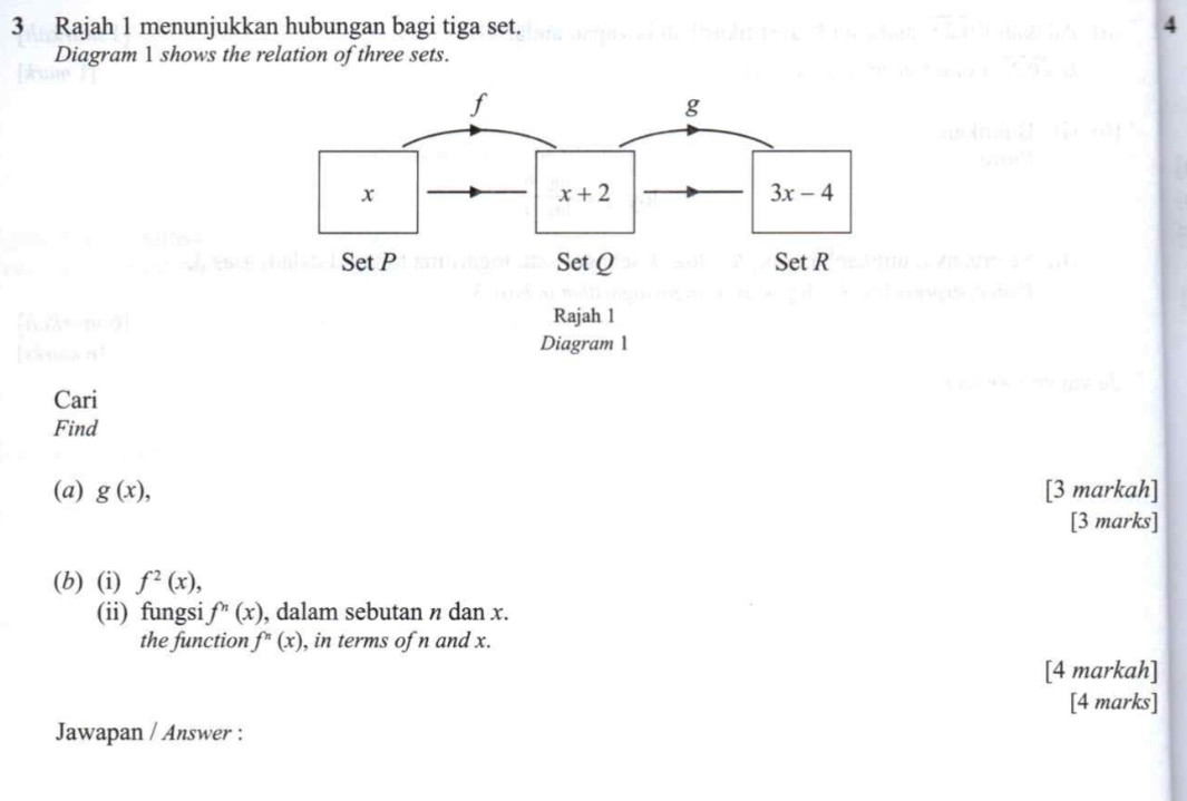 Rajah 1 menunjukkan hubungan bagi tiga set. 4
Diagram 1 shows the relation of three sets.
Cari
Find
(a) g(x), [3 markah]
[3 marks]
(b) (i) f^2(x),
(ii) fungsi f'prime n(x) , dalam sebutan n dan x.
the function f''(x) , in terms of n and x.
[4 markah]
[4 marks]
Jawapan / Answer :