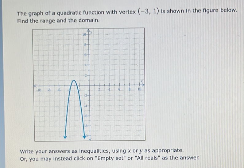 The graph of a quadratic function with vertex (-3,1) Is shown in the figure below. 
Find the range and the domain. 
Write your answers as inequalities, using x or y as appropriate. 
Or, you may instead click on "Empty set" or "All reals" as the answer.