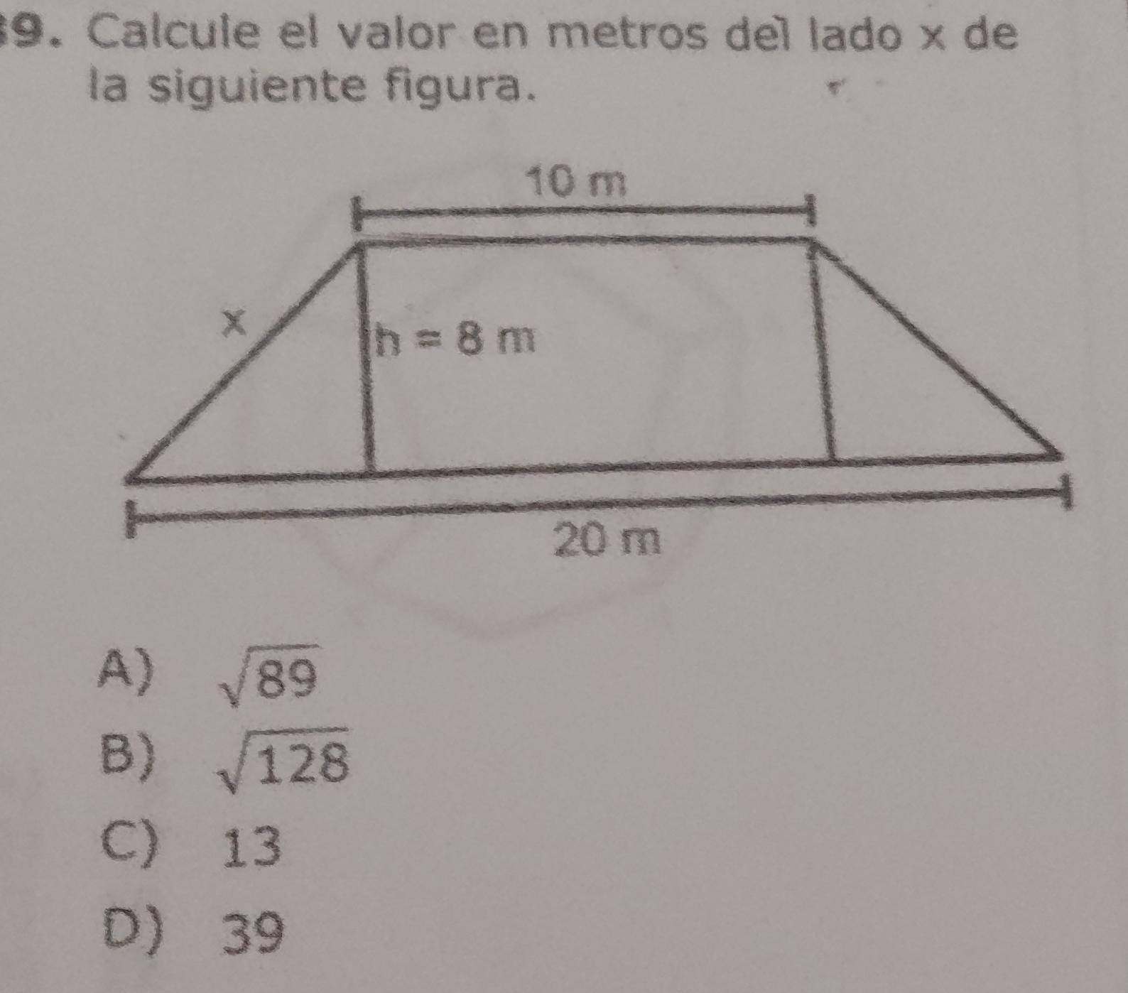 Calcule el valor en metros del lado x de
la siguiente figura.
A) sqrt(89)
B) sqrt(128)
C) 13
D 39