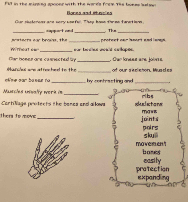 Fill in the missing spaces with the words from the bones below:
Bones and Muscles
Our skeletons are very useful. They have three functions,
_, support and _The_
protects our brains, the _protect our heart and lungs.
Without our _our bodies would collapse.
Our bones are connected by _. Our knees are joints.
Muscles are attached to the _of our skeleton. Muscles
allow our bones to _by contracting and_
Muscles usually work in_
ribs
Cartillage protects the bones and allows skeletons
move
them to move_
.
joints
pairs
skull
movement
bones
easily
protection
expanding