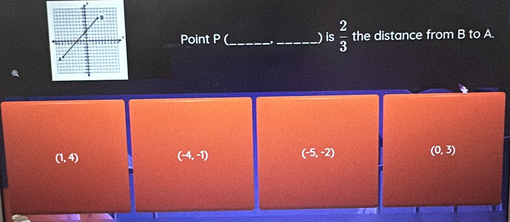 Point P (_  ,_  ) is  2/3  the distance from B to A.
(0,3)
(1,4)
(-4,-1)
(-5,-2)