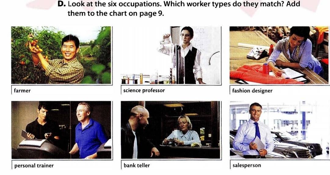 Look at the six occupations. Which worker types do they match? Add 
them to the chart on page 9.